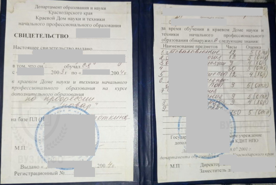 Свидетельство курсов повара, Краснодар, 2004 г.